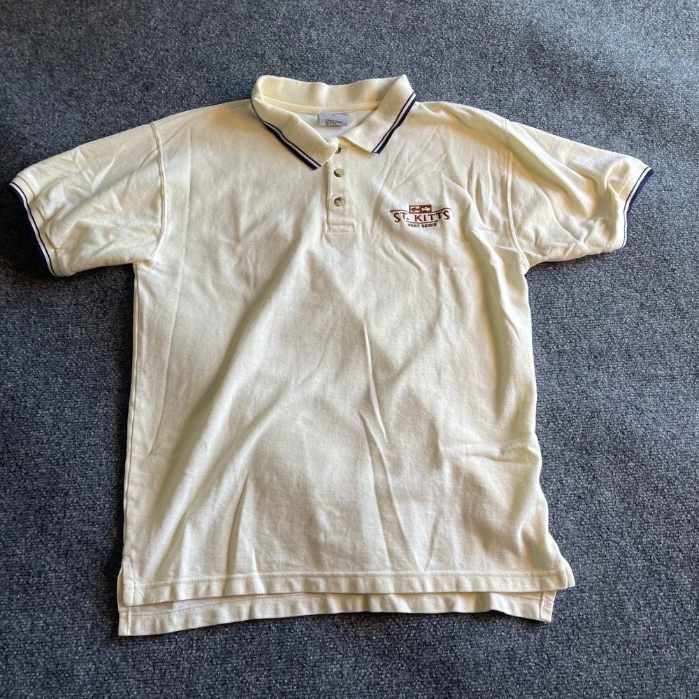 SGS St. Kitts West Indies Polo Shirt Mens Large Cream Cotton Souvenir Travel Vtg